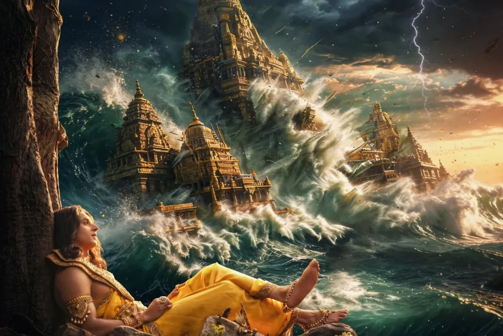 Promotional image for the Indian epic film Krishnavataram, showing a grand, colorful scene with traditional Indian aesthetic.