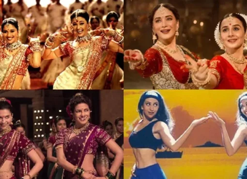 A collage of Bollywood actors dancing in famous movie scenes.