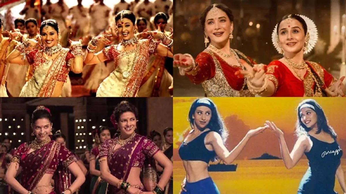 A collage of Bollywood actors dancing in famous movie scenes.