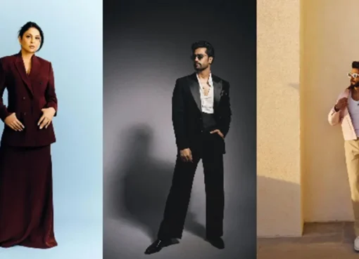 A vibrant collage image showing Ranveer Singh dancing energetically on a street and Shefali Shah smiling and moving gracefully to music.