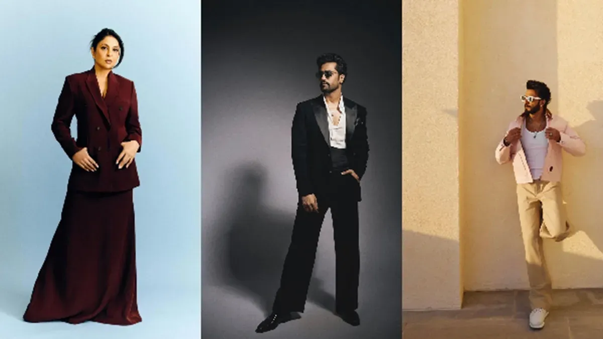 A vibrant collage image showing Ranveer Singh dancing energetically on a street and Shefali Shah smiling and moving gracefully to music.