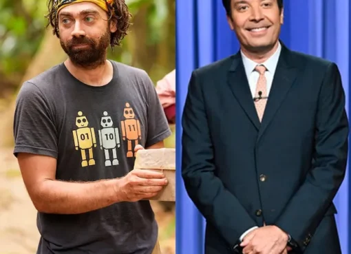 Christian Hubicki and Jimmy Fallon laughing together on a talk show set