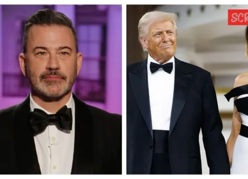 Jimmy Kimmel, wearing a suit, stands on a brightly lit stage speaking into a microphone.