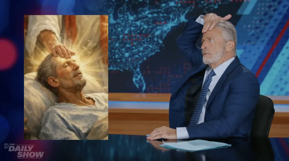 Jon Stewart hosting a late night comedy show