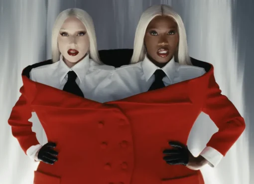 Lady Gaga and Doechii posing in high fashion outfits in the "Runway" music video.