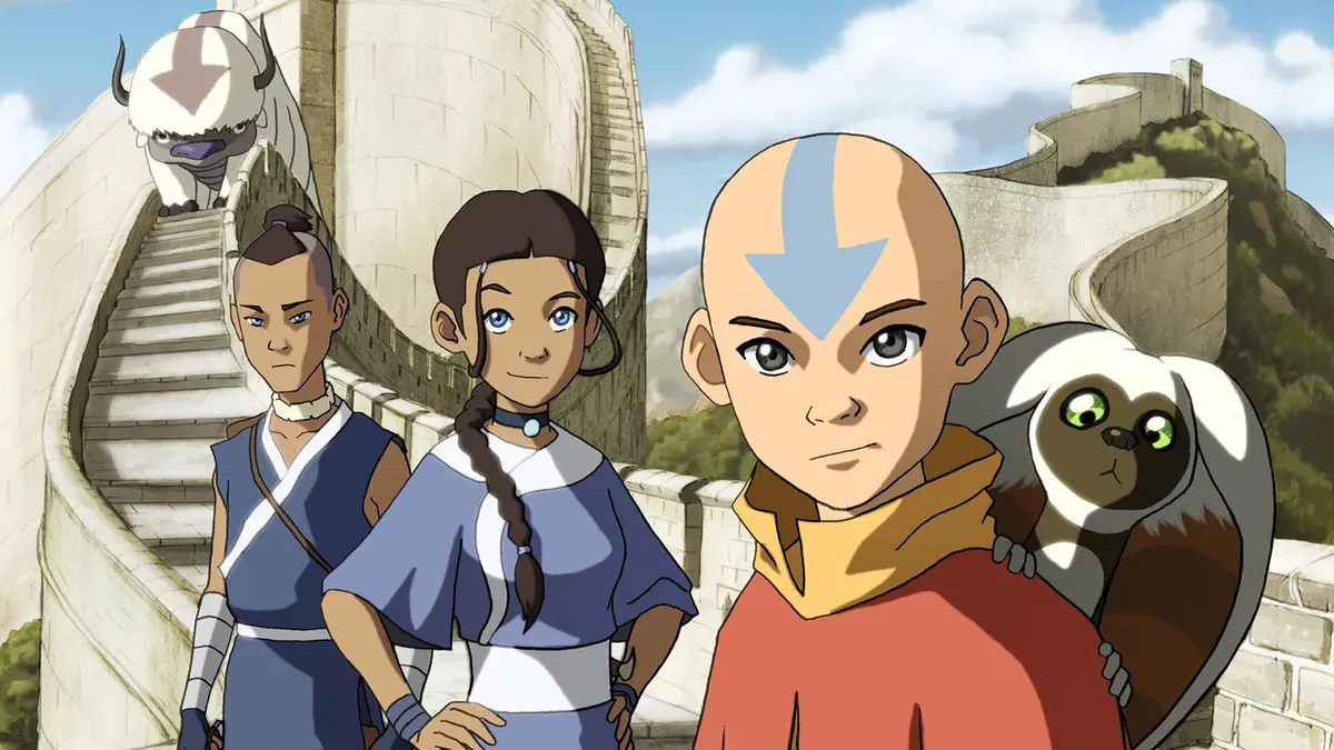 A colorful animated scene showing Aang from the Last Airbender