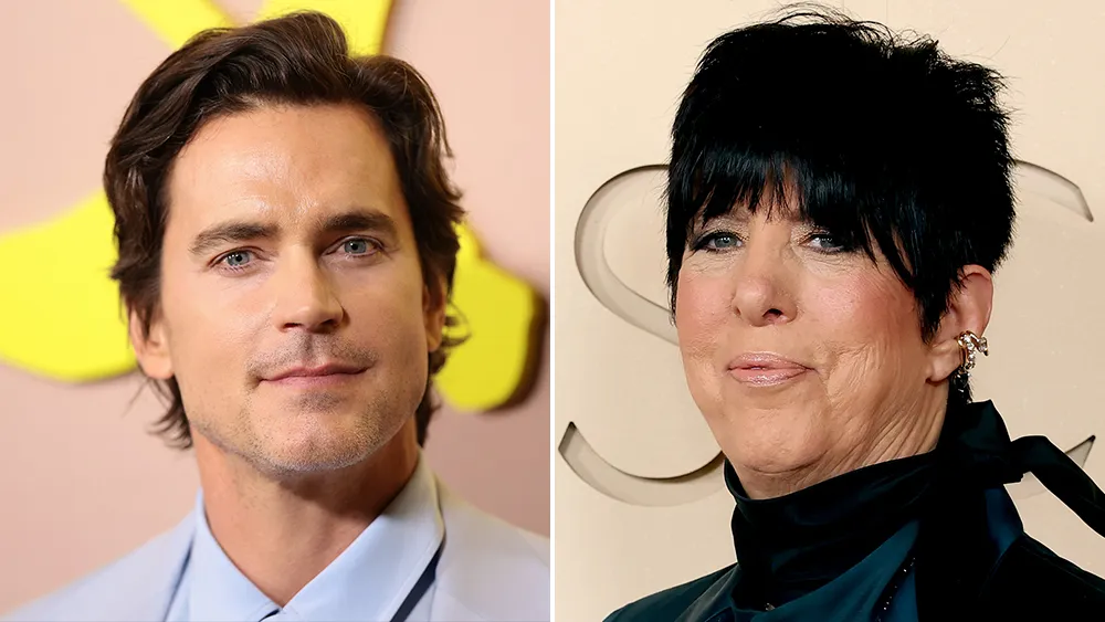 Matt Bomer smiling, Diane Warren at a piano.