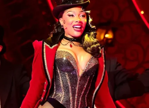 Megan Thee Stallion looking strong and confident, perhaps with a slight smile, against a bold, colorful background.