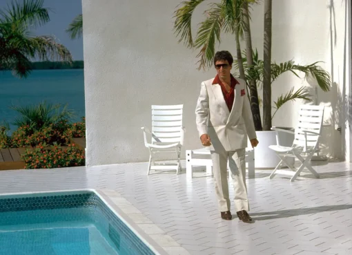 A bright white postmodern mansion on the water in Key Biscayne Miami.