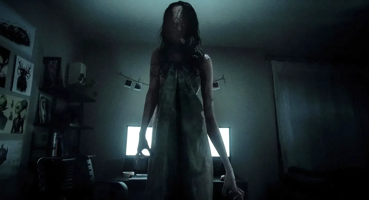 A dark and atmospheric still from the short film Mora, showing a mysterious, art-inspired visual.