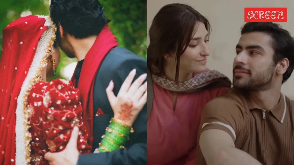 Ramsha Khan and Khushhal Khan smiling together at their wedding.