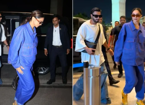 Deepika Padukone and Ranveer Singh smiling at the airport.