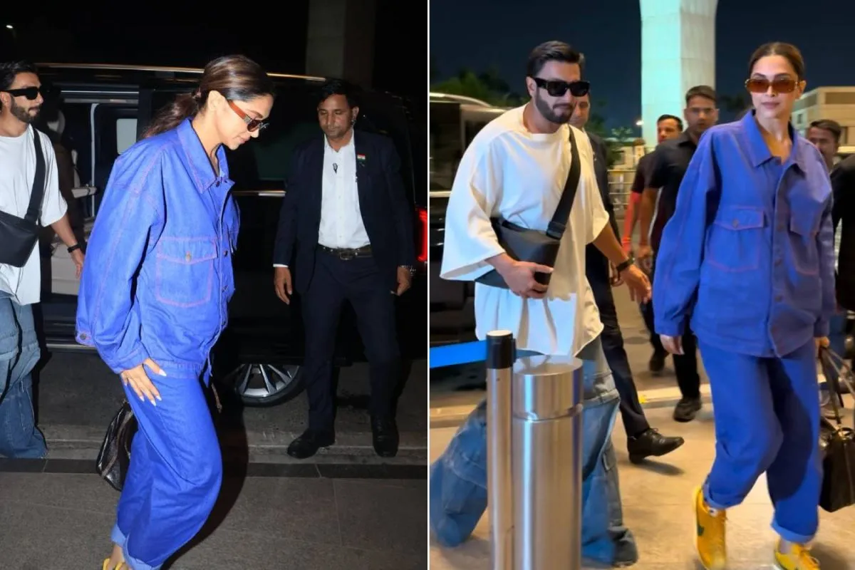 Deepika Padukone and Ranveer Singh smiling at the airport.