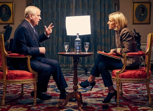 Emily Maitlis speaking intently during an interview.