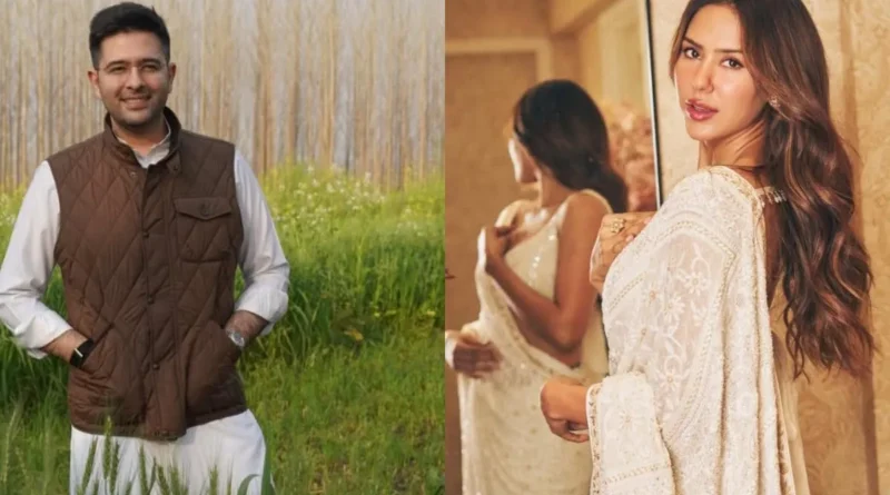 Raghav Chadha smiling alongside Sonam Bajwa at a public event.