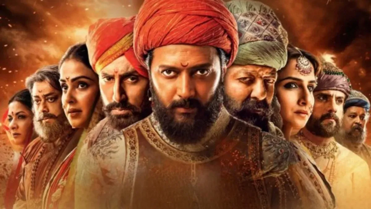 A graphic revealing the cast members of the Raja Shivaji movie, featuring images of the actors.