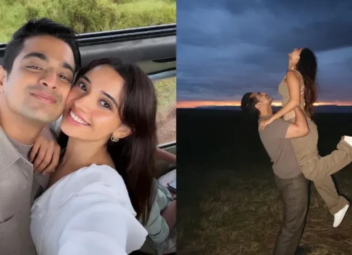 Ranveer Allahbadia and Juhi Bhatt smiling together in front of a scenic African landscape.