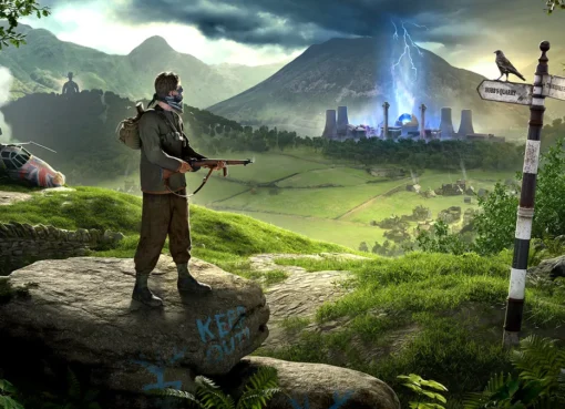 Artwork or logo for the Atomfall video game, possibly showing a retro-futuristic British setting with muted colors.