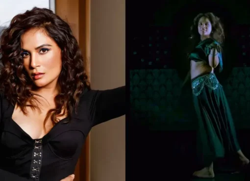 Richa Chadha smiling as she dances, with flowing fabrics around her.
