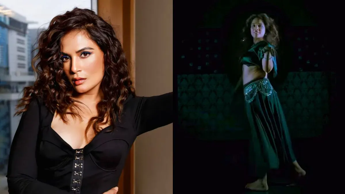 Richa Chadha smiling as she dances, with flowing fabrics around her.