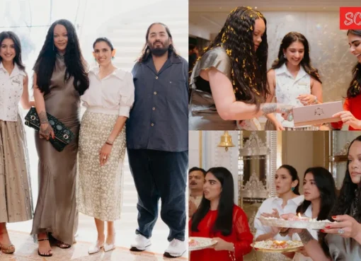 Rihanna, Isha Ambani, and Radhika Merchant smiling and dancing together at an intimate event.