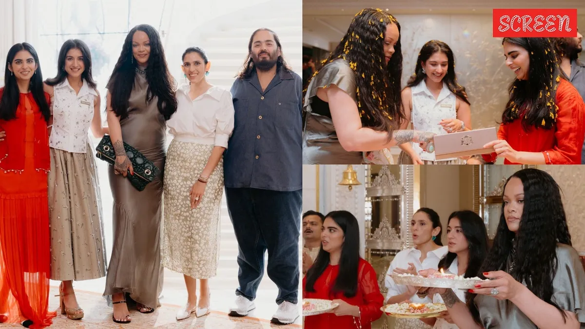 Rihanna, Isha Ambani, and Radhika Merchant smiling and dancing together at an intimate event.