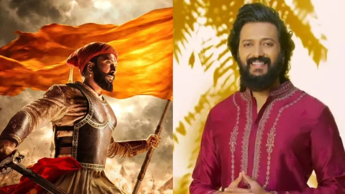 Riteish Deshmukh in royal, historical attire, looking determined for his role as Chhatrapati Shivaji Maharaj.