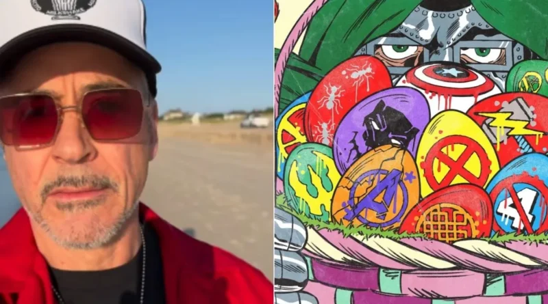 Doctor Doom holding a basket of Easter eggs with Marvel character hints.