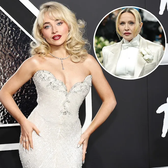 Sabrina Carpenter and Madonna sharing the stage at Coachella, laughing and looking iconic.