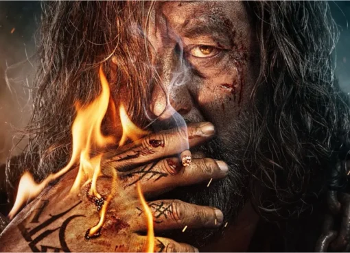 Sanjay Dutt looking intense, possibly from the original Khal Nayak film poster, with a modern twist.