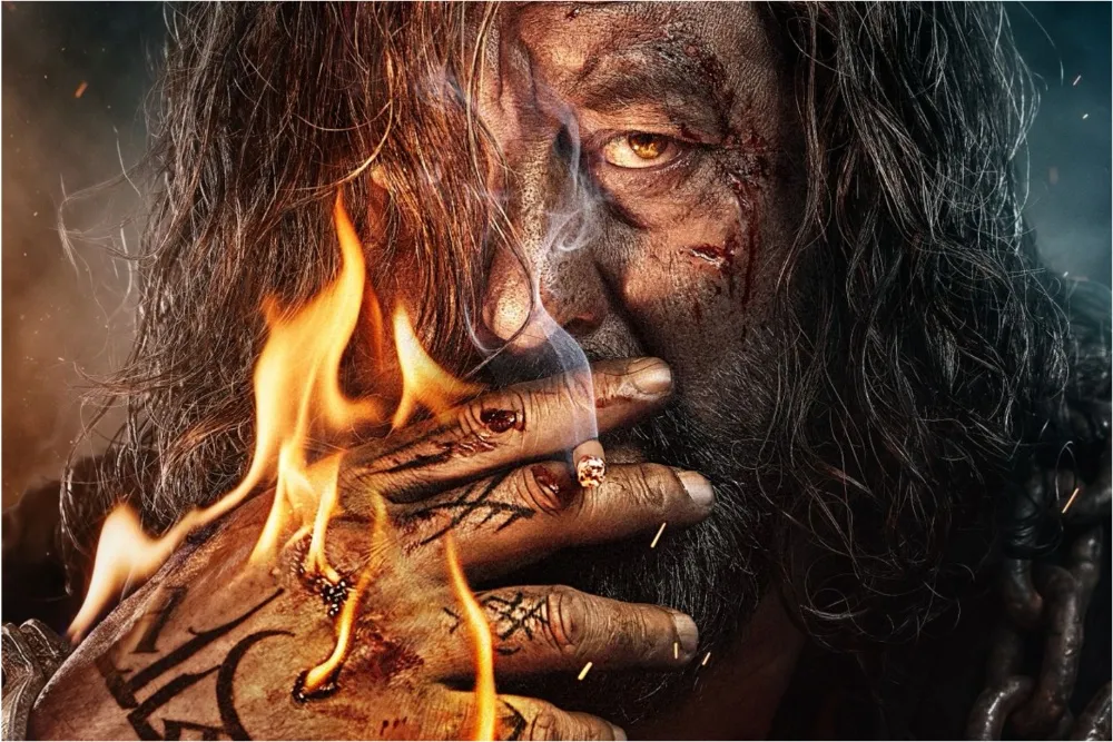 Sanjay Dutt looking intense, possibly from the original Khal Nayak film poster, with a modern twist.