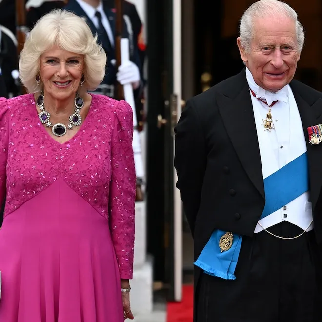 King Charles III and Queen Camilla smiling at a formal dinner.