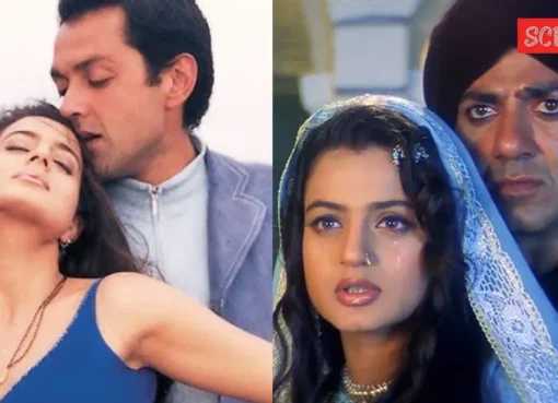 A crowd surrounding Bobby Deol and Ameesha Patel, with a fan shouting.