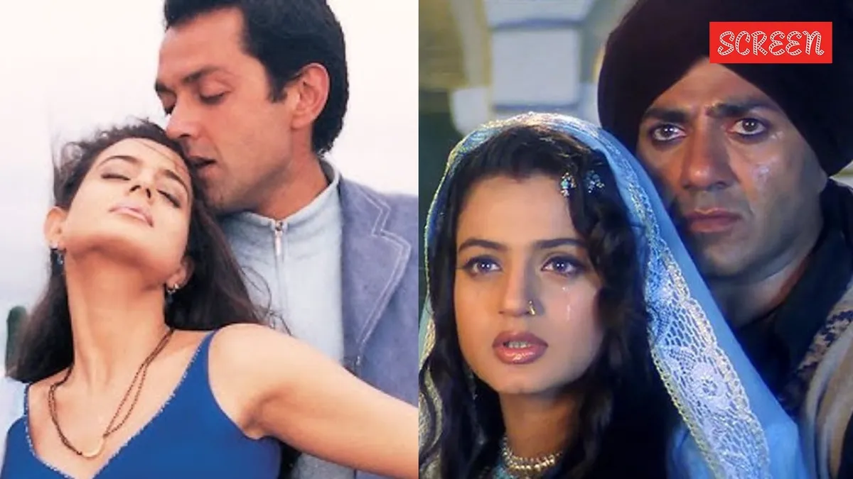 A crowd surrounding Bobby Deol and Ameesha Patel, with a fan shouting.