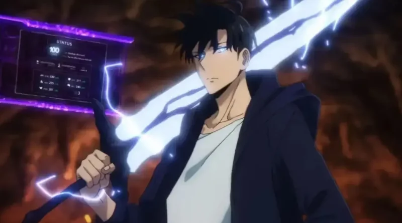 Sung Jinwoo in action pose, surrounded by shadows, ready for battle.