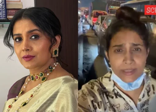 Sonali Kulkarni looking concerned about the traffic situation
