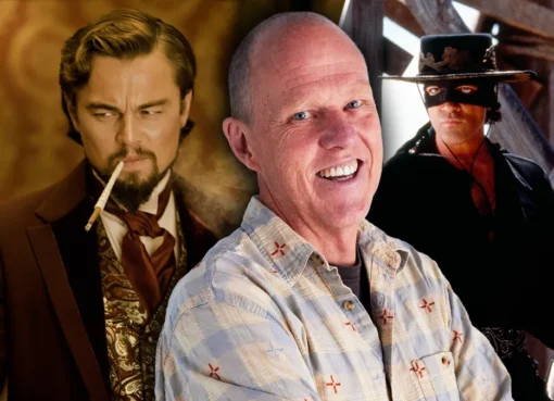 A conceptual movie poster showing a cowboy hat and a black mask in a dusty desert.