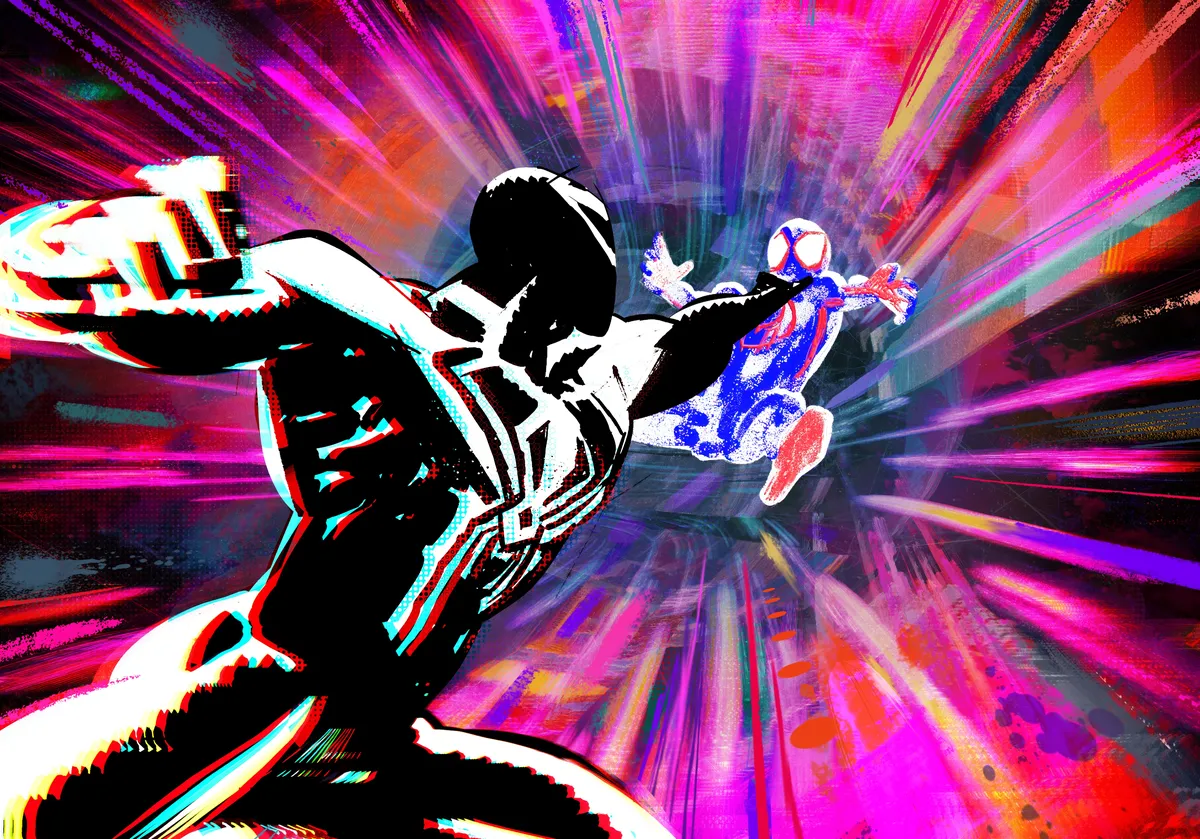 Miles Morales, as Spider-Man, in a dynamic pose, surrounded by the vibrant, comic-book-style visuals of the Spider-Verse.