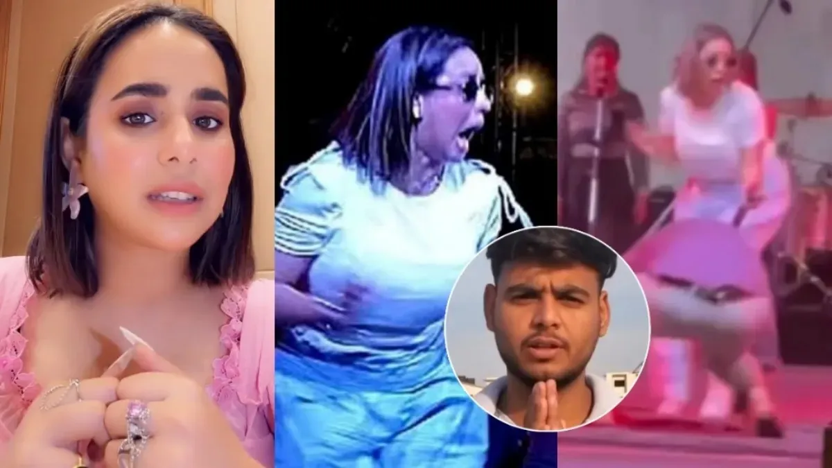 Sunanda Sharma performing passionately under vibrant stage lights at her concert.