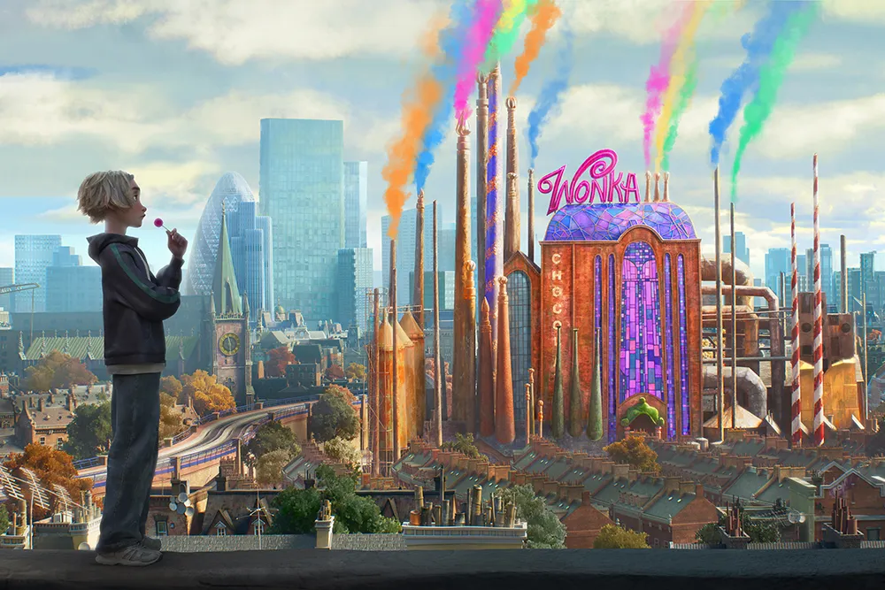 An animated image featuring whimsical factory elements and a colorful, playful aesthetic.