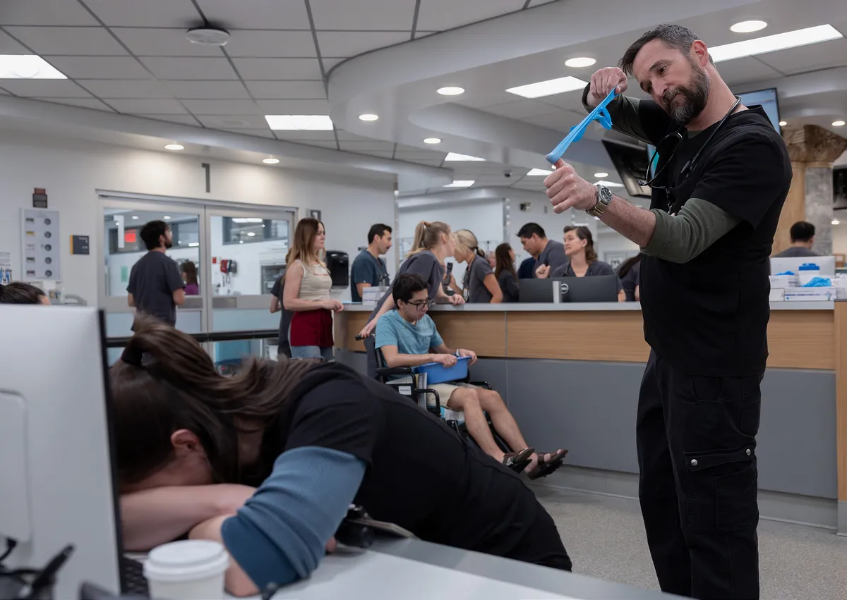 A dramatic scene from a medical drama with blue lighting