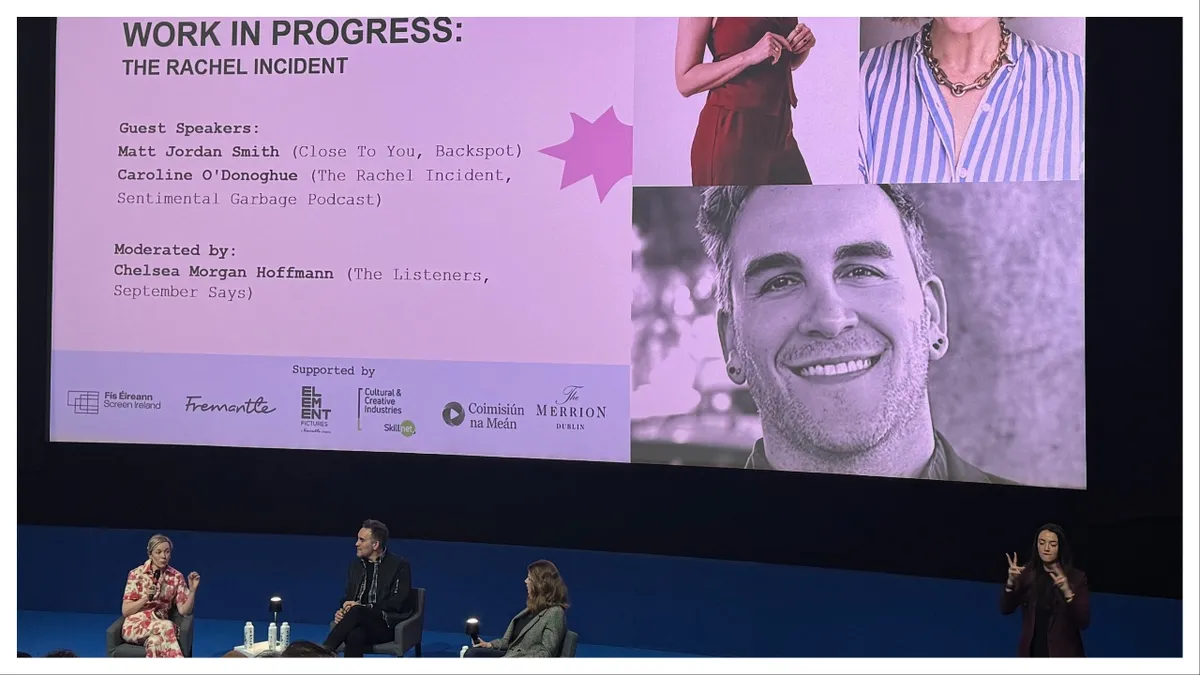 Writer Caroline O'Donoghue, producers Matt Jordan Smith and Chelsea Morgan Hoffman speaking on a panel at Storyhouse festival.