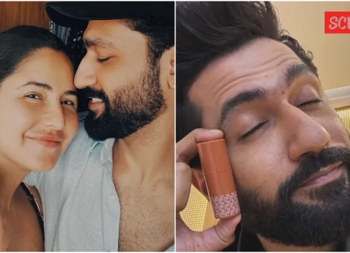 Vicky Kaushal smiling and joking about Katrina Kaif's makeup brand Kay Beauty