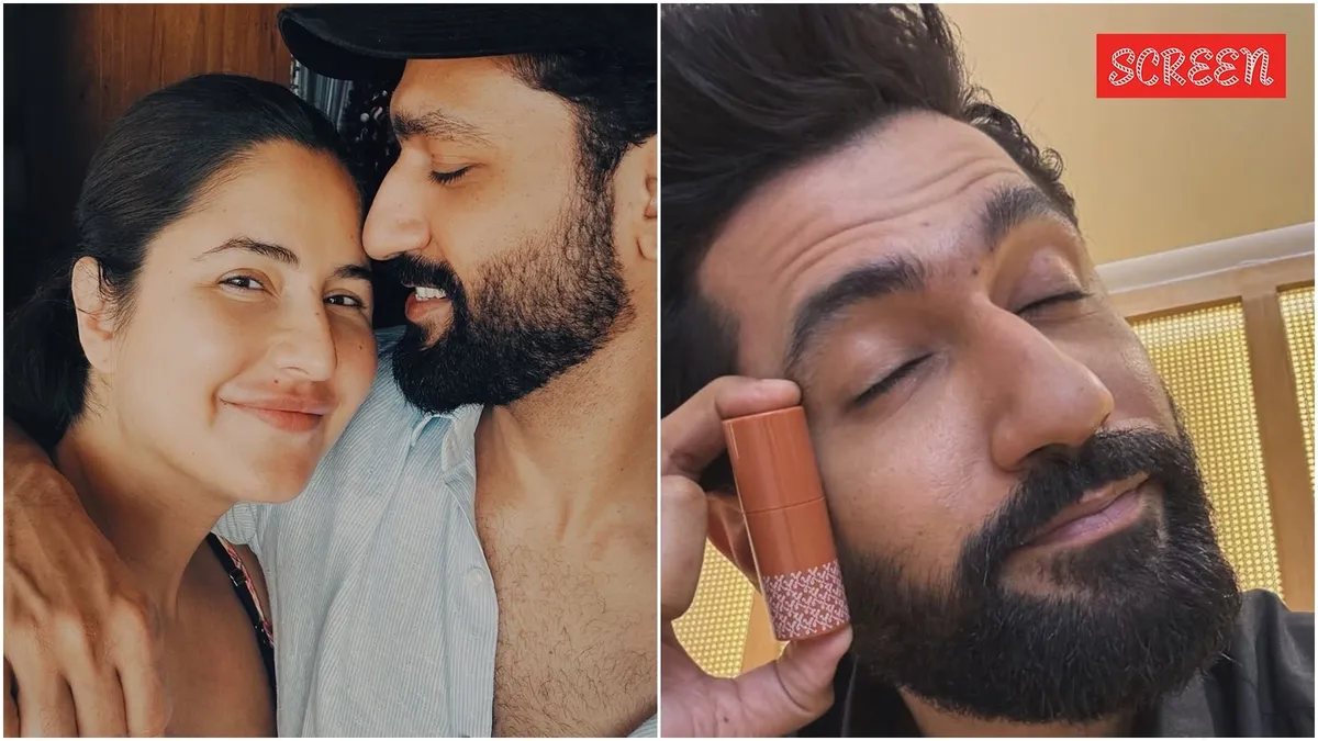Vicky Kaushal smiling and joking about Katrina Kaif's makeup brand Kay Beauty