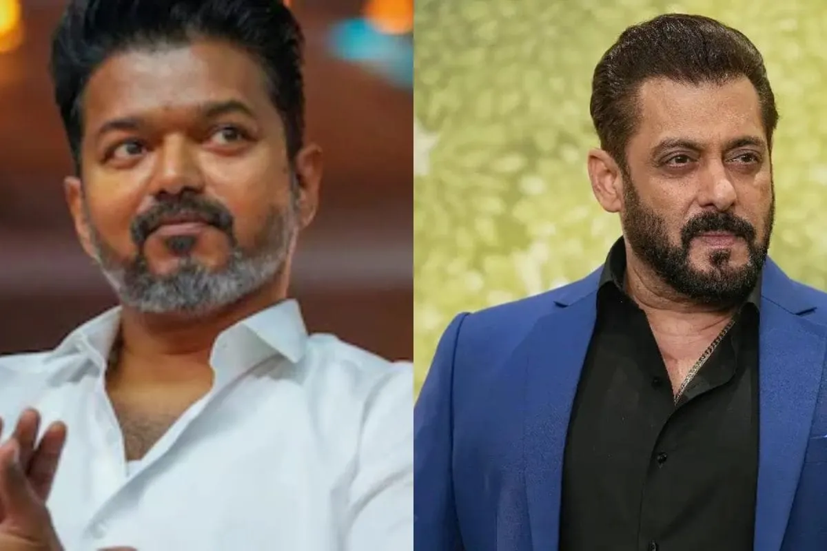 A collage of Vijay and Salman Khan looking serious.