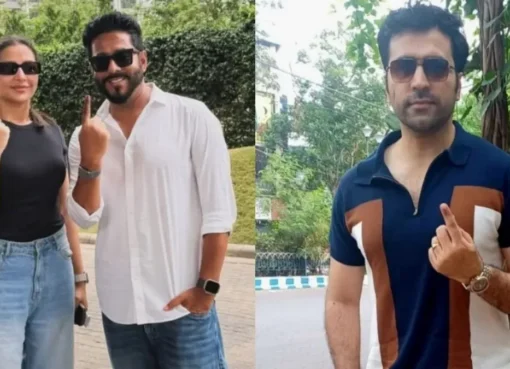 Tollywood stars showing their inked fingers after voting.