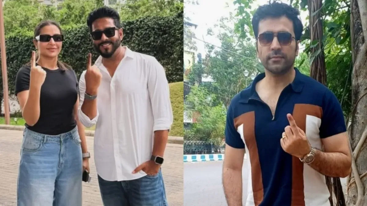 Tollywood stars showing their inked fingers after voting.