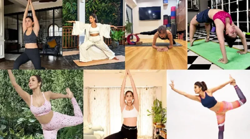 Bollywood actresses showcasing yoga poses on World Health Day, inspiring fitness.