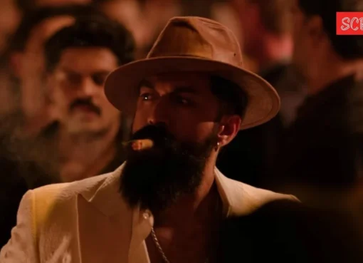 Yash looking intense and powerful in a still from the movie Toxic, with a dramatic, gritty aesthetic.