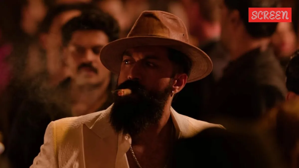 Yash looking intense and powerful in a still from the movie Toxic, with a dramatic, gritty aesthetic.